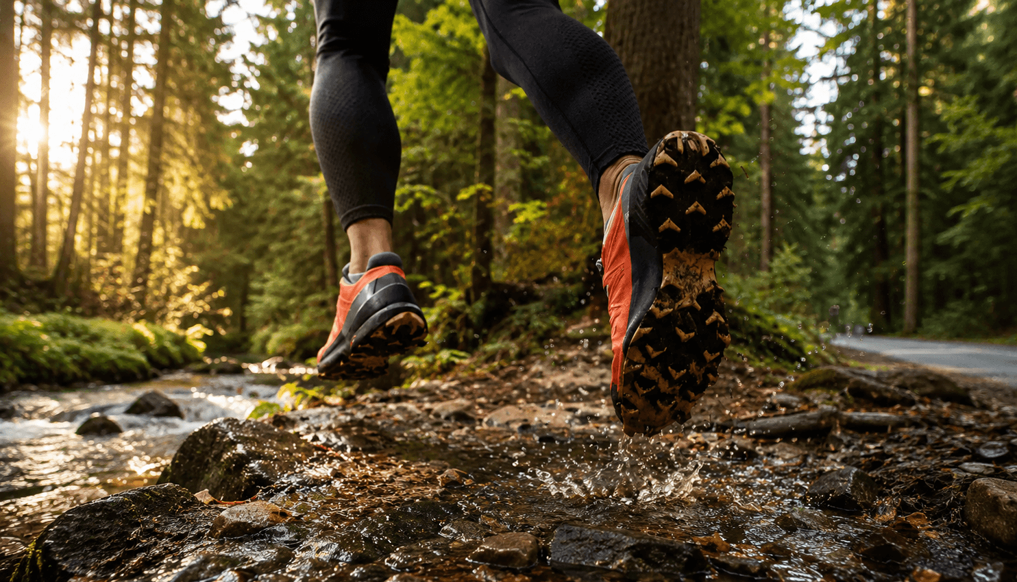 A persons legs with trail running shoes running in the forest
